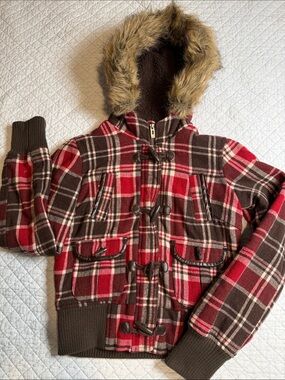 Aeropostale Y2K Red Plaid Faux Fur Hood Toggle Bomber Jacket S